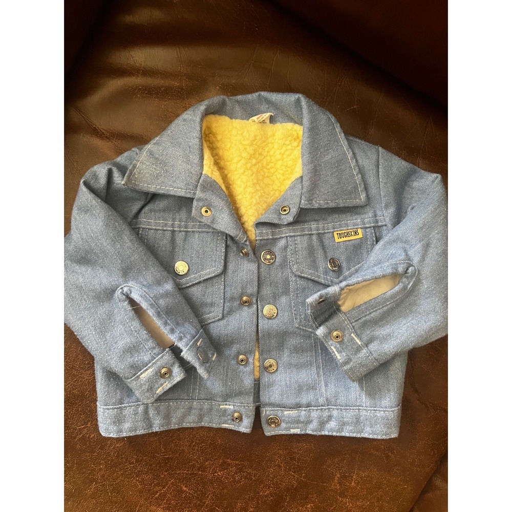 Vintage Sears Toughskins Kids Denim Trucker Jacket Faux Shearling Lined Blue 3T